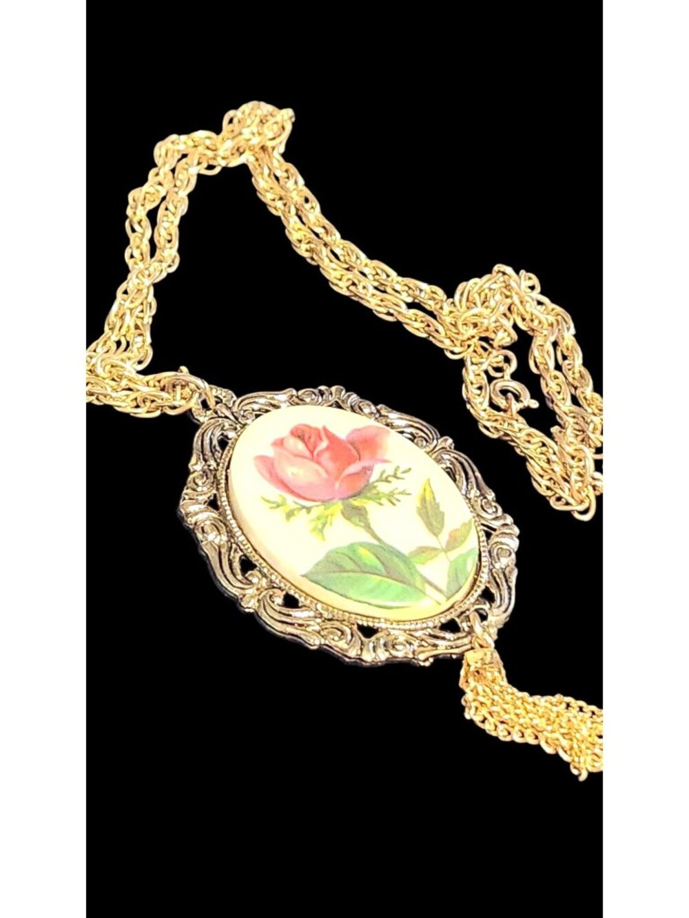 Vintage Victorian Revival Rose Pendant Necklace With Gold-Tone Chain & Tassel Ha